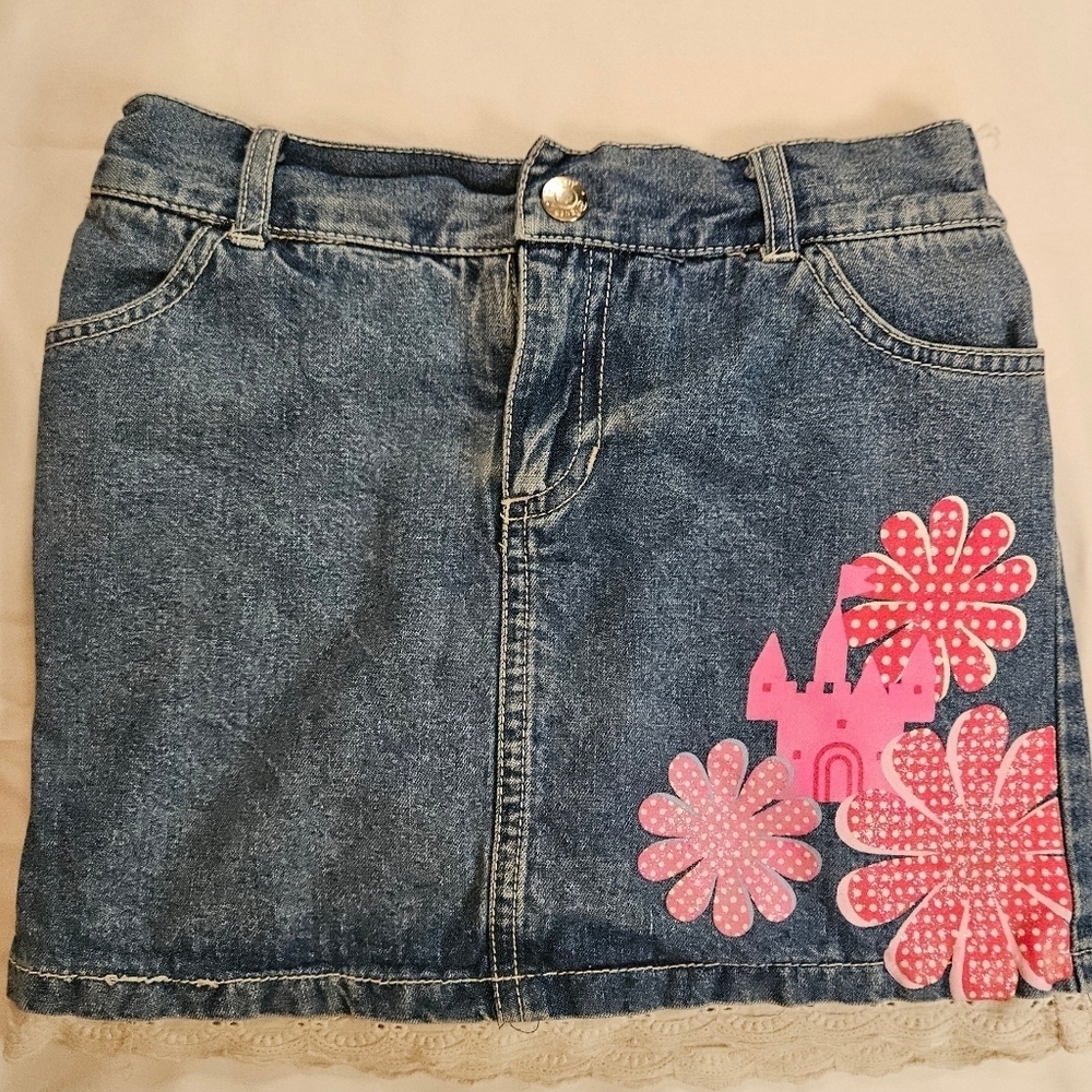 Disney Girls Blue Jean Skirt With Built In Shorts Princess Castle Design Size 6